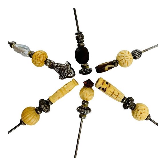 Cocktail Hors d’oeuvre Forks in Ceramic Holder Set of 7 Carved Silver Beige - Picture 5 of 9